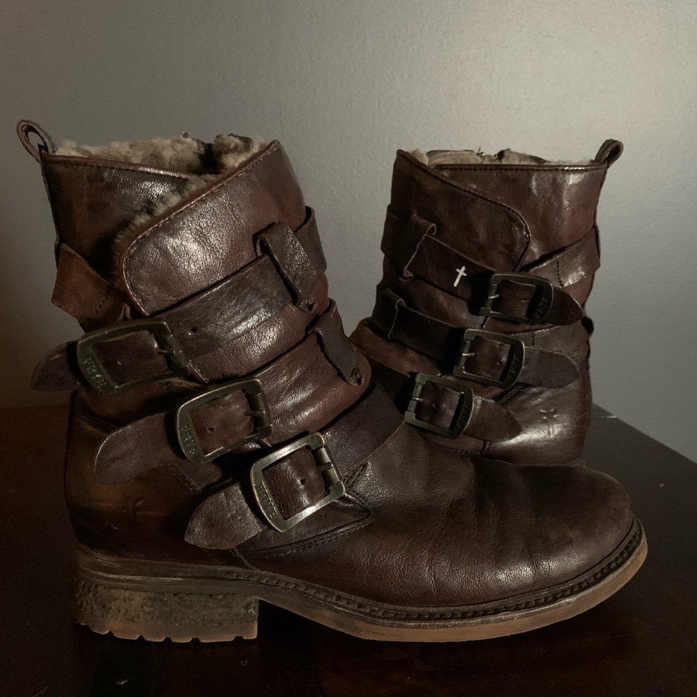 Frye Leather Buckle Boots Valerie Strappy Shearling Leather